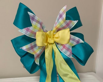 Spring bow, Mothers Days bow, Easter bow, Decorative bow Dark teal, pastel plaid and yellow ribbon center