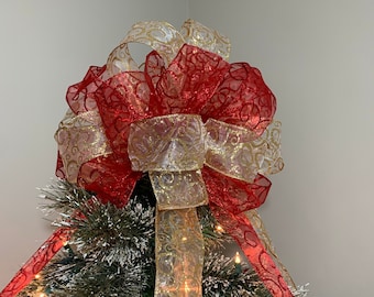 Large Sheer Gold Ribbon  with Gold Glitter Swirls and Sheer Red With Red Glitter Swirls Christmas Tree topper bow