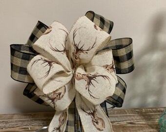 Wreath Bow Black and Tan check with matching burlap ribbon with deer heads, lamp post bow