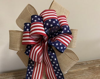 Patriotic wreath bow a red white and blue flag burlap ribbon and natural linen ribbon