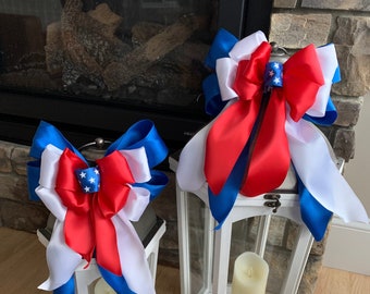 Set of 2 Patriotic lantern bows Red White and Blue ribbons with blue ribbon w/white stars center, lamp post bows