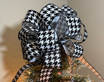 Large Christmas tree topper bow made with a black and white houndstooth ribbon 6 ft. tails