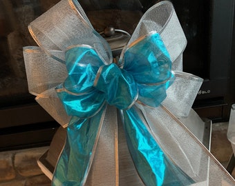 Winter wreath/ lantern bow, sheer silver and teal ribbons