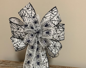 Halloween bow black and white burlap spider web print and a sheer ribbon with black spiders