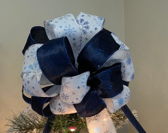 Large Christmas tree topper bow Navy blue velour with glitter specks and white burlap with coordinating snowflakes  6 ft tails