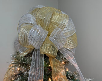 Large Sheer Gold with gold glitter stripes ribbon and Sheer Silver Ribbon  with silver glitter stripes Christmas Tree topper bow