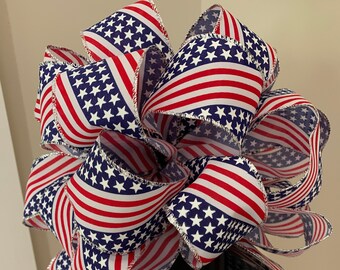 Patriotic Mailbox / small tree topper bow a red white and blue flag burlap ribbon with silver trim