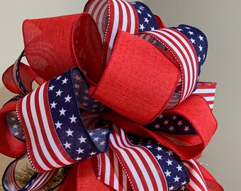 Patriotic Mailbox / small tree topper bow a red white and blue flag burlap ribbon and solid red linen ribbon