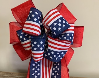 Patriotic wreath bow a red white and blue flag burlap ribbon and solid red linen ribbon