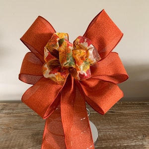 Fall/Autumn Bow fall leaves  on a burnt orange canvas ribbon