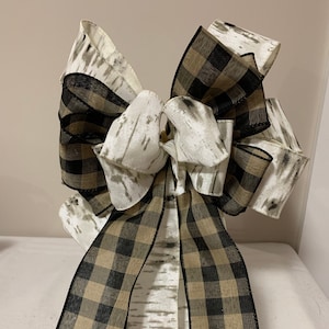 Farmhouse Bow: Black Tan Check, Burlap Birch Bark Ribbon