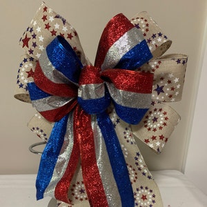 Patriotic Wreath Bow: Red, White, and Blue Glittered Burlap Star Decor