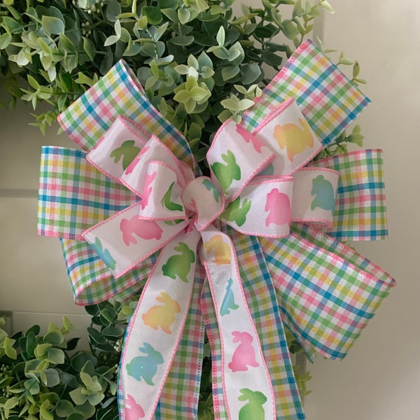 Easter Decorative Bow, Wreath bow, Easter Basket bow, pastel plaid ribbon and white ribbon printed with bunnies