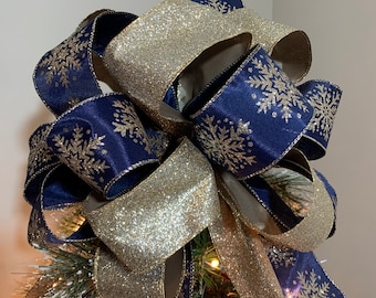 Large Christmas Tree Topper Bow Navy blue with champagne gold snowflakes ribbon and a champagne gold glitter ribbon