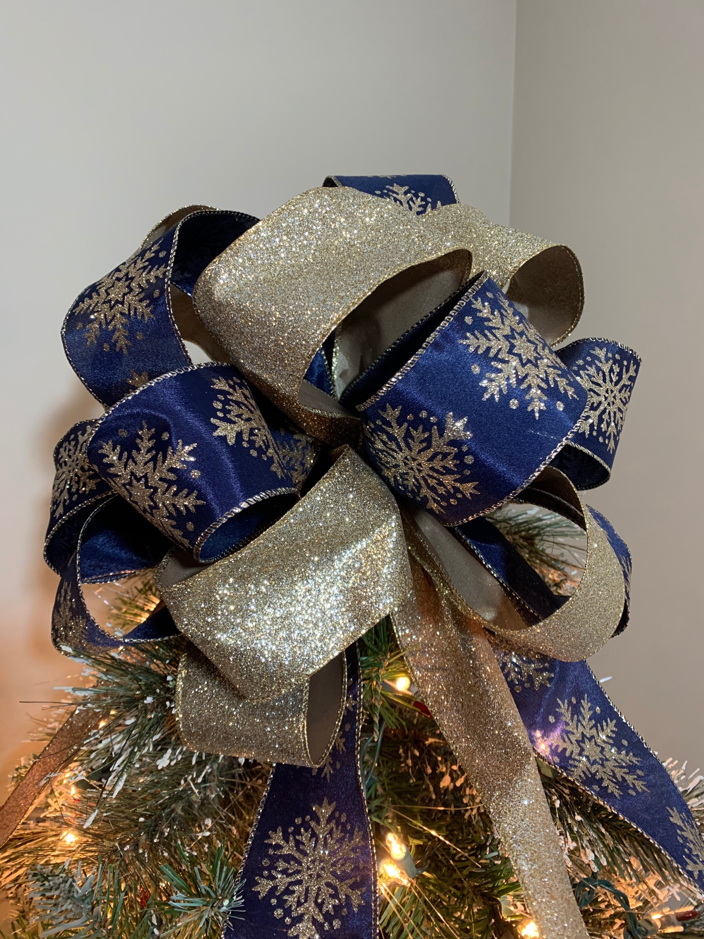 Large Christmas Tree Topper Bow Navy Blue With Champagne Gold