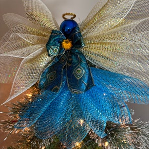 Christmas Angel tree topper gold wings and a teal blue skirt guardian angel peacock bow dress