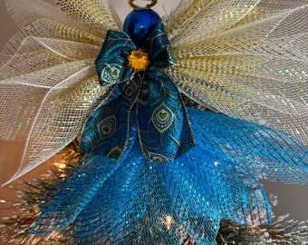 Christmas Angel tree topper gold wings and a teal blue skirt guardian angel peacock bow dress