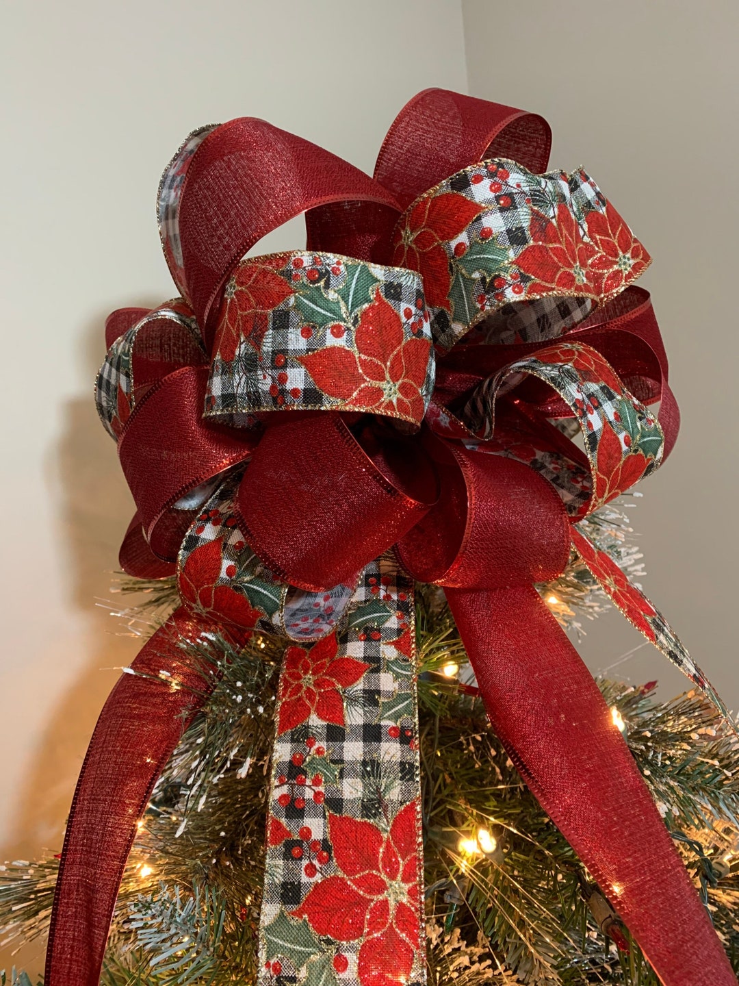 Large Christmas Tree Topper Bow Made With a Black and White Etsy