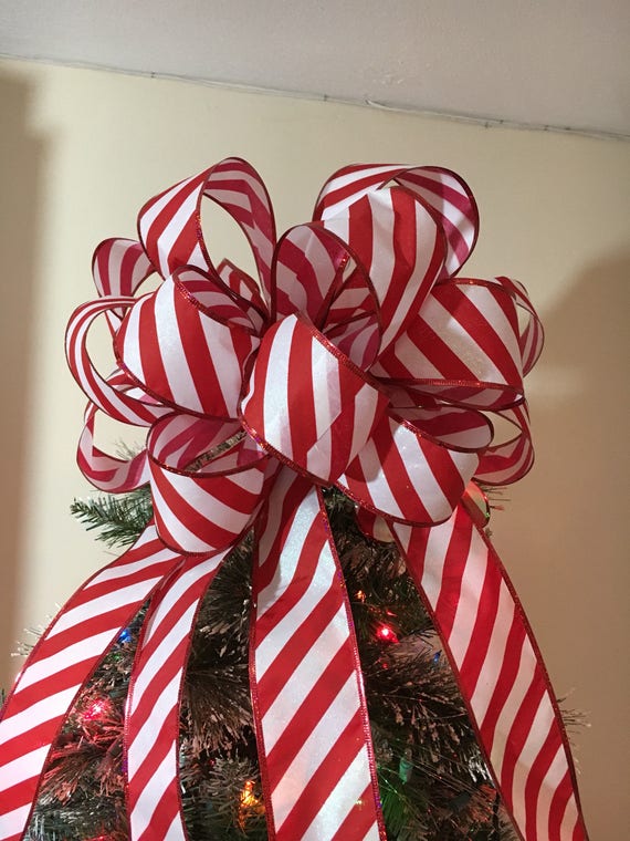 Large Candy Cane Stripe Red and White Christmas Tree Topper Bow 