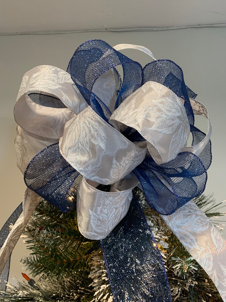Large Christmas Tree Topper Bow Navy blue glitter mesh ribbon Etsy