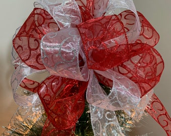 Large Sheer Silver Ribbon  with Silver Glitter Swirls and Sheer Red With Red Glitter Swirls Christmas Tree topper bow