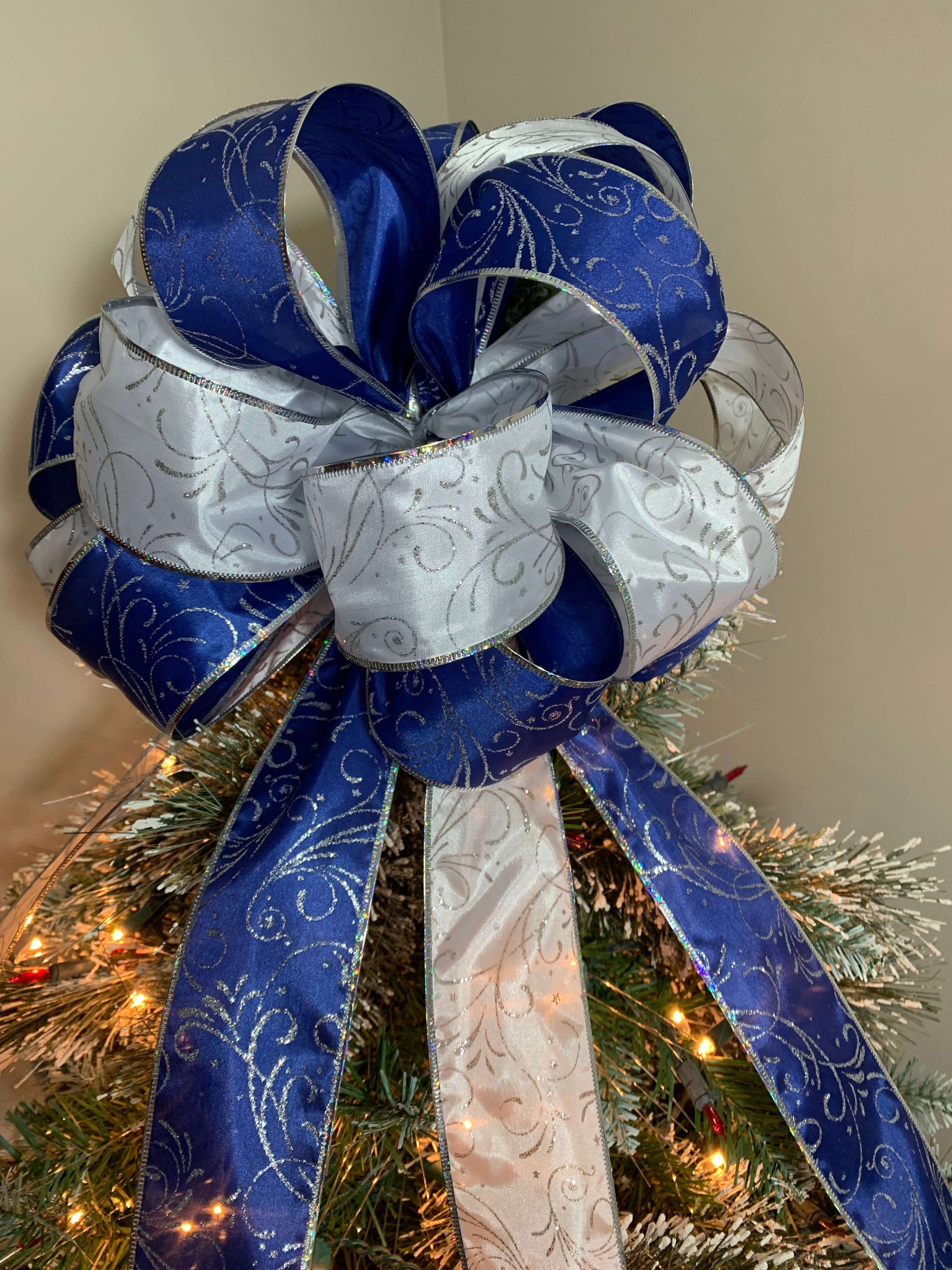 Large Christmas Tree Topper Bow White and Blue Ribbons With Silver ...