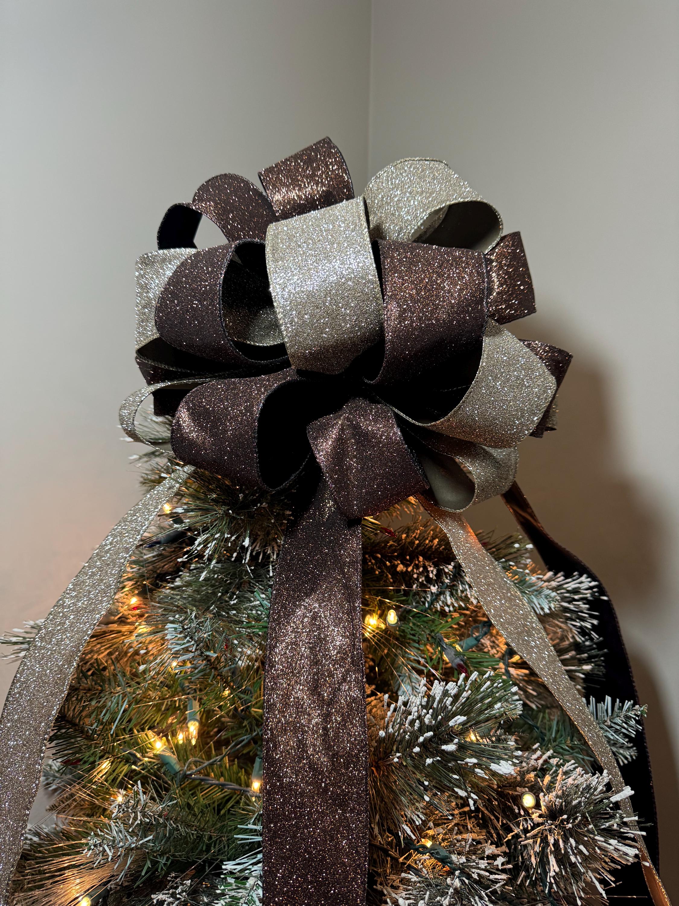 Lot De 12 Nœuds De Ruban Pailleté Pour Noël - Rouge, Dimensions ~15x12 Cm, Décorations Sapin