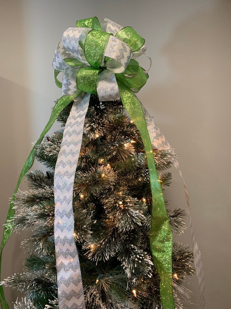Large Christmas Tree Topper Bow Lime Green Mesh Ribbon Paired Etsy