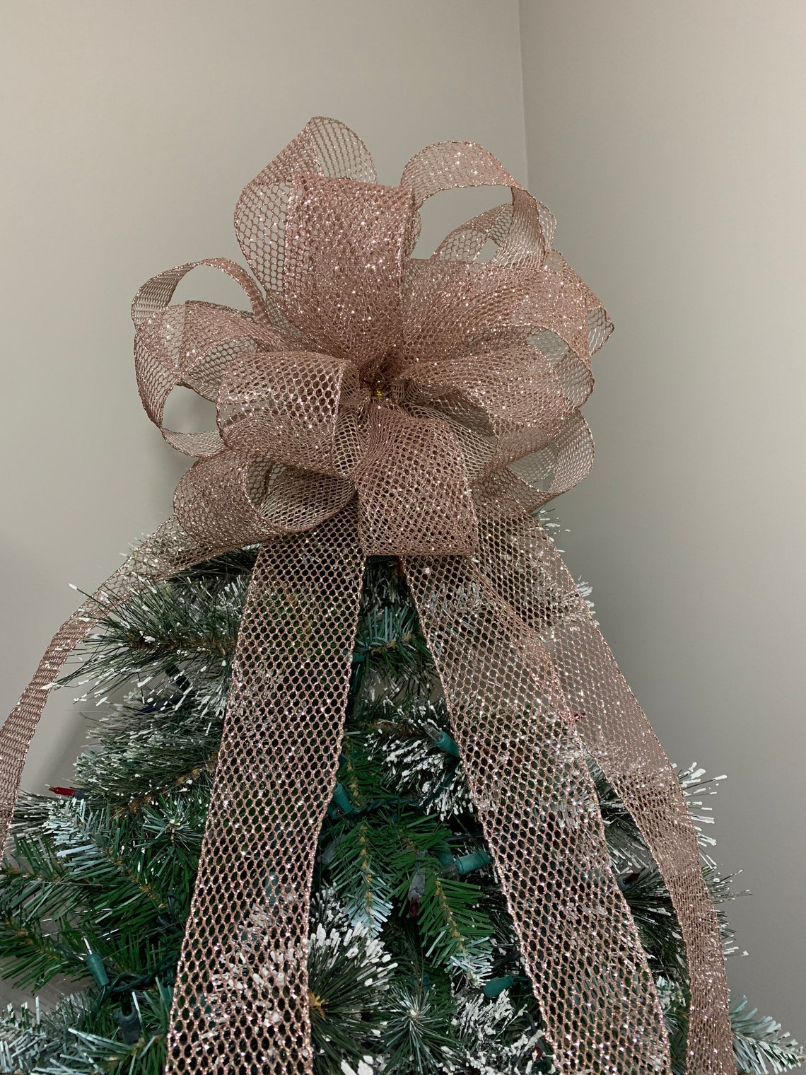 Large Christmas Tree Topper Bow Rose Gold Glitter Mesh 6 Ft Etsy