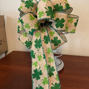 St. Patricks Day Bow, Natural burlap ribbon with green Shamrocks printed on it. image 6