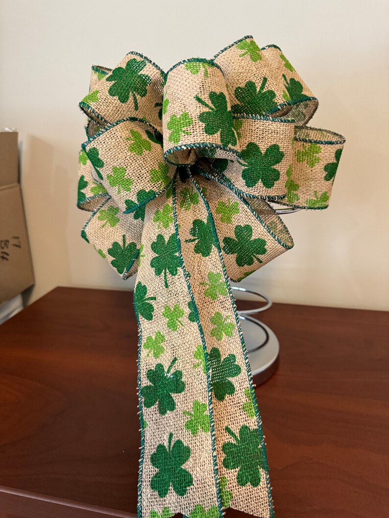 St. Patricks Day Bow, Natural burlap ribbon with green Shamrocks printed on it. image 6