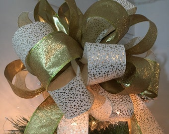 Large ivory burlap  ribbon gold glitter specks  and  gold glitter ribbon Christmas Tree topper bow 6 ft tails