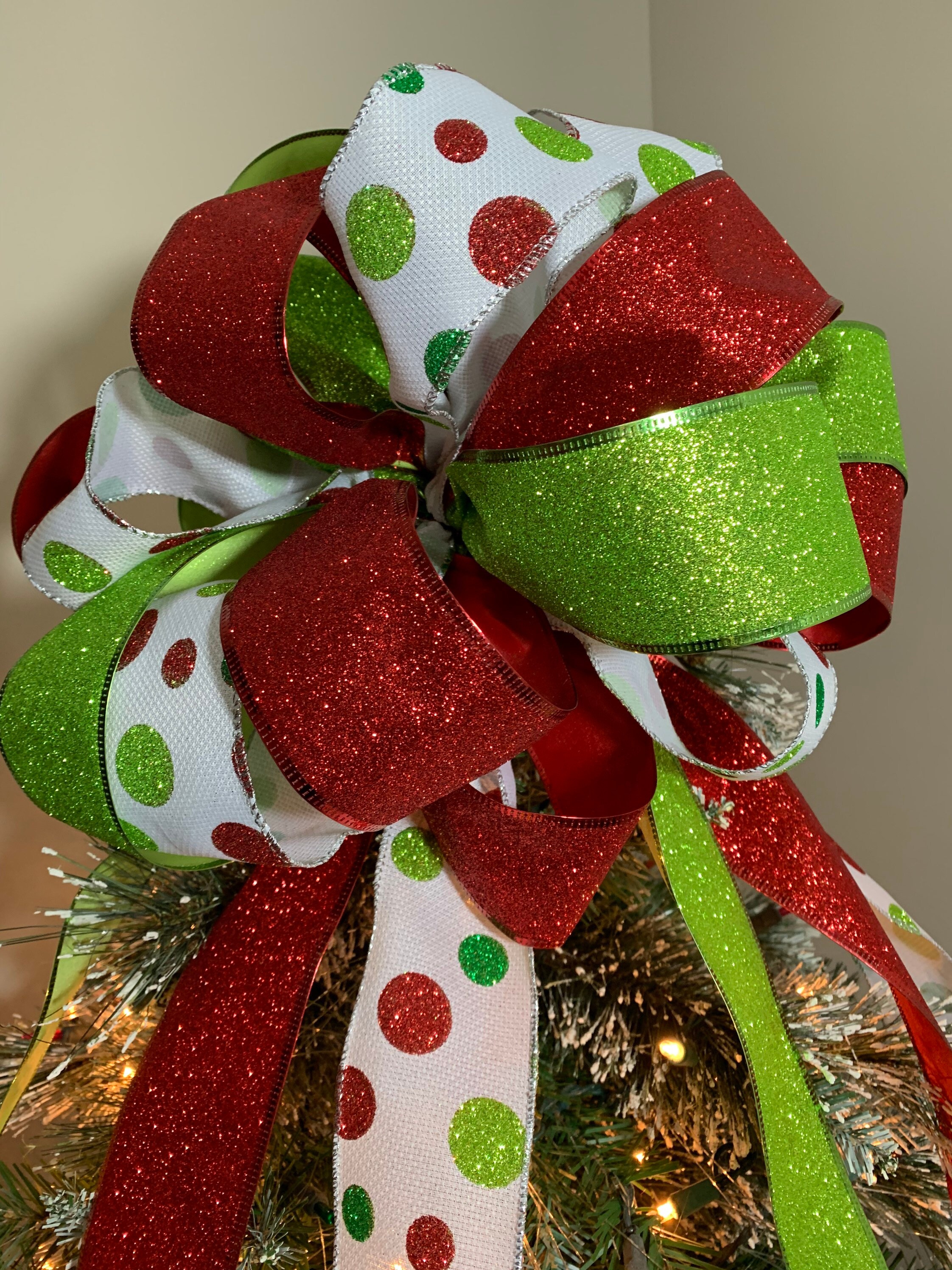 Large Christmas Tree topper red and lime green glitter ribbons Etsy