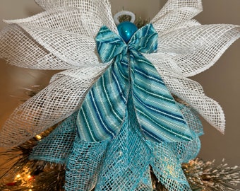 andmary ♡ Avrill ribbon tops Teal Christmas Angel Tree Topper White Wings and a Teal Blue