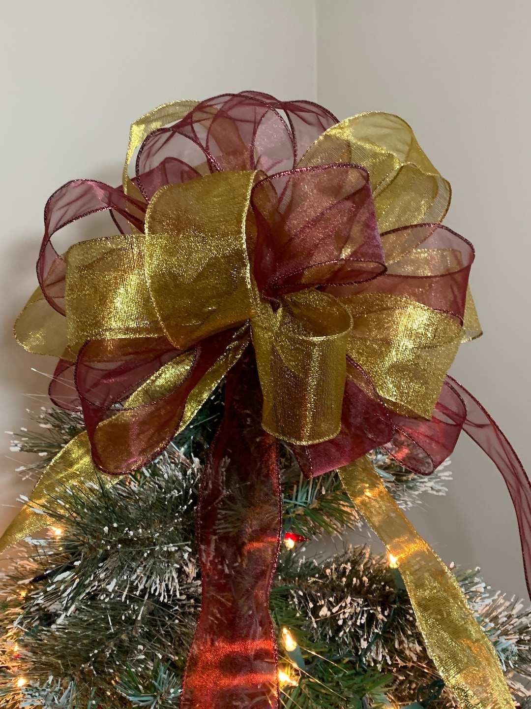 Christmas Tree Topper Bow Sheer Burgundy and Gold Ribbons 8 Ft Tails - Etsy