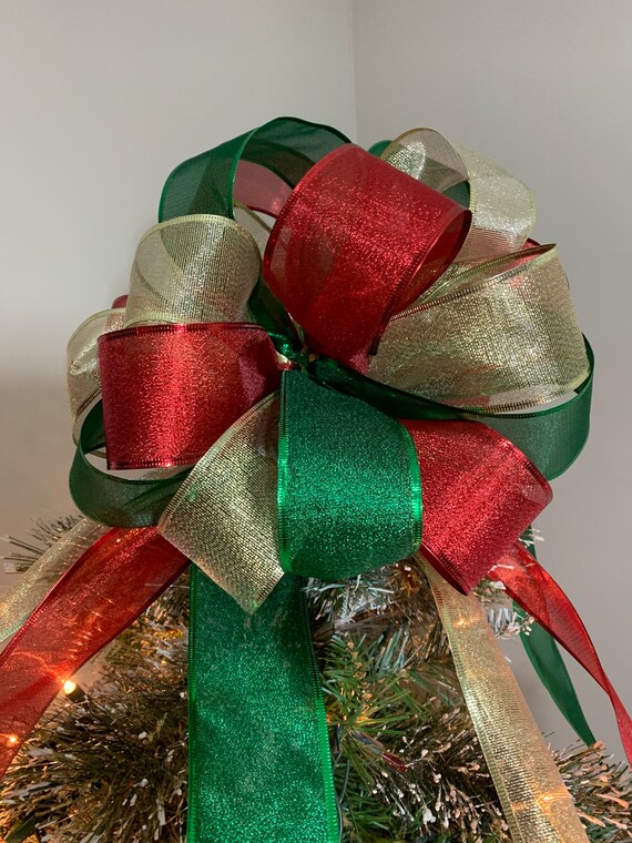 Large Sheer Gold Red And Green Ribbon Christmas Tree Topper Etsy