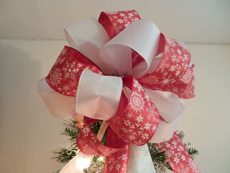Large Christmas Tree Topper Bow Red Ribbon With White Etsy