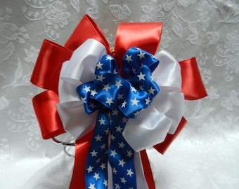 Red White and Blue  with white stars Layered Patriotic  Satin  wreath bow