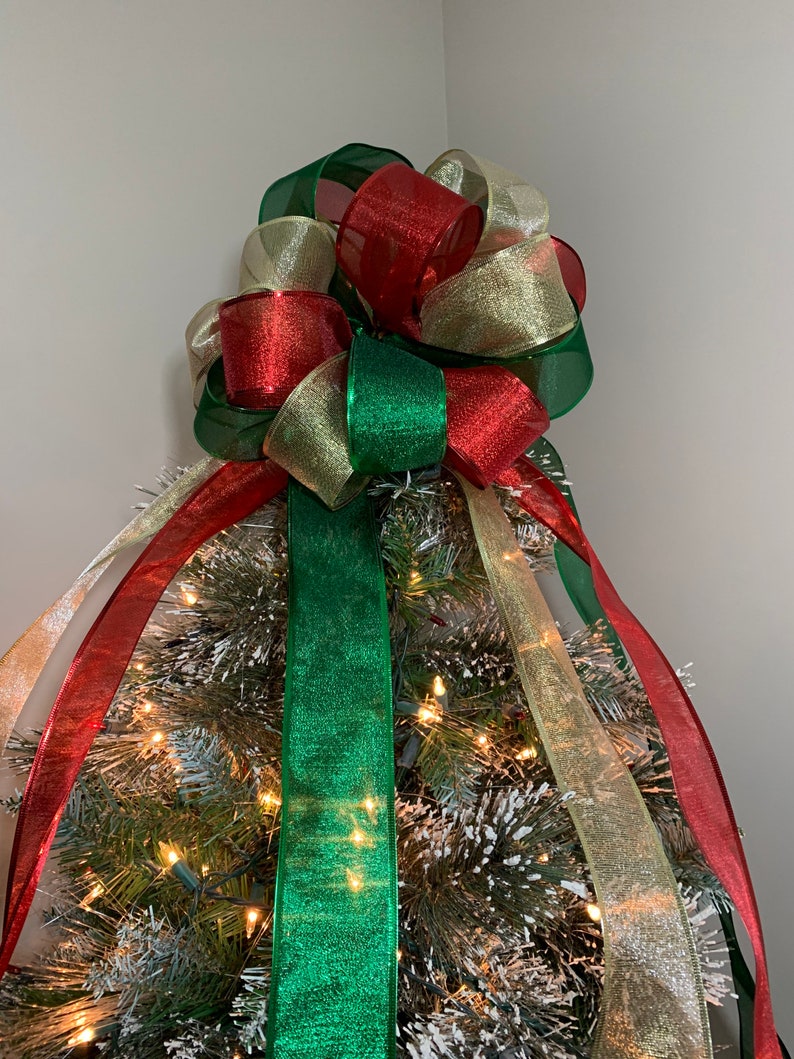 Large Sheer Gold Red and Green Ribbon Christmas Tree Topper Etsy