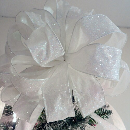 Large White Glitter Christmas Tree Topper Bow 8ft. Tails Etsy