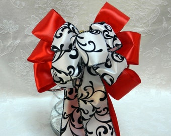 Wreath bow, Gift bow, mantle bows Wedding Pew bows, French Damask bow set on Red Satin ribbon