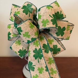 St. Patricks Day Bow, Natural burlap ribbon with green Shamrocks printed on it. image 1