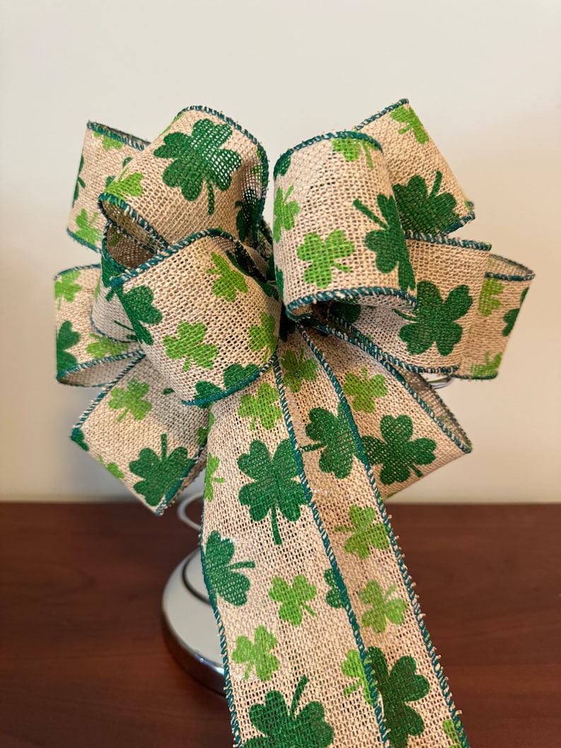 St. Patricks Day Bow, Natural burlap ribbon with green Shamrocks printed on it. image 1