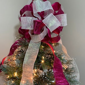 Large fuchsia and white Iridescent crinkle ribbon Christmas Tree topper bow 8ft tails image 2