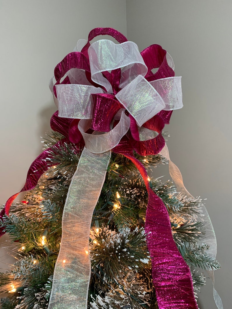 Large fuchsia and white Iridescent crinkle ribbon Christmas Tree topper bow 8ft tails image 2