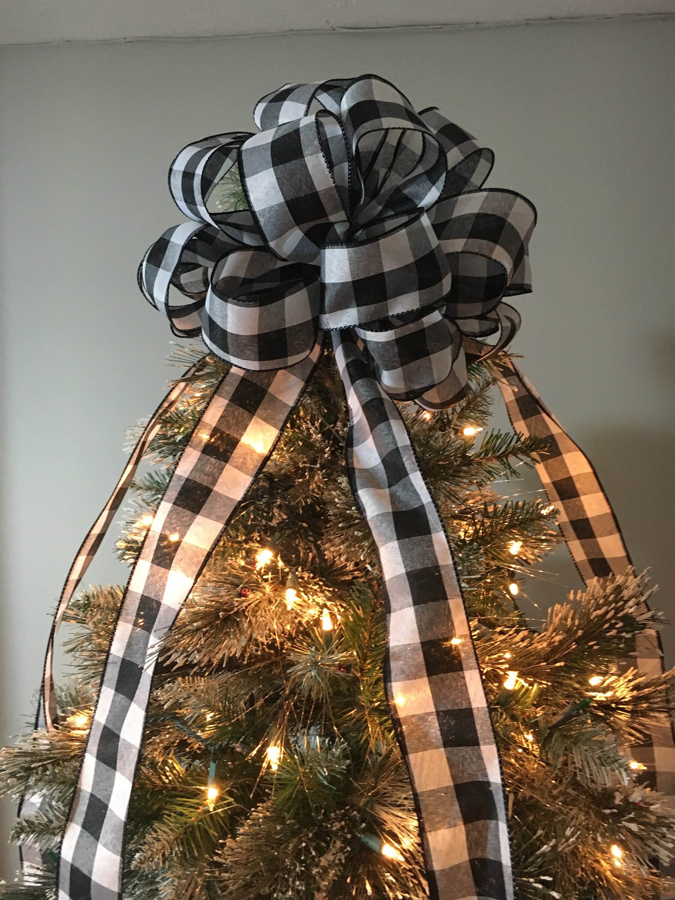 Large Christmas tree topper bow made with a black and white Etsy