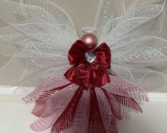 Valentine Angel, Guardian Angel, tree topper, Get well soon Angel, red, pink and iridescent white