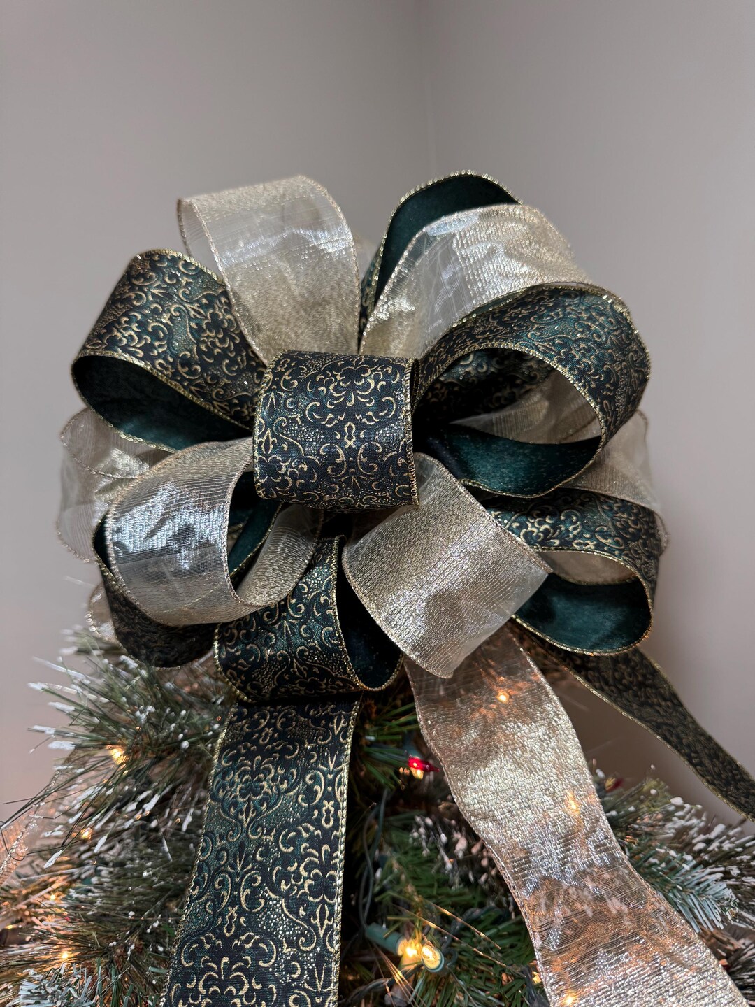 Christmas Tree Topper Bow Green and Gold Damask and a Sheer Champagne ...