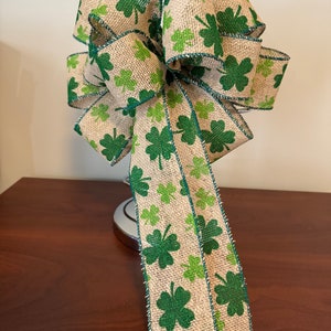 St. Patricks Day Bow, Natural burlap ribbon with green Shamrocks printed on it. image 5