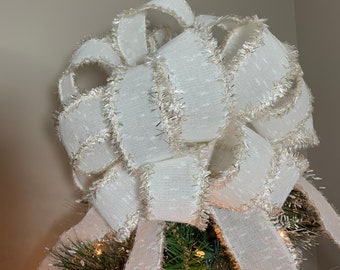 Large Christmas Tree topper bow Off White Burlap Ribbon with champagne gold fringe